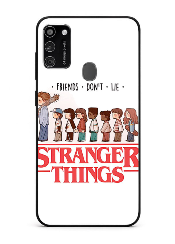 Retro squad artwork printed on premium tempered glass Samsung M21 back cover