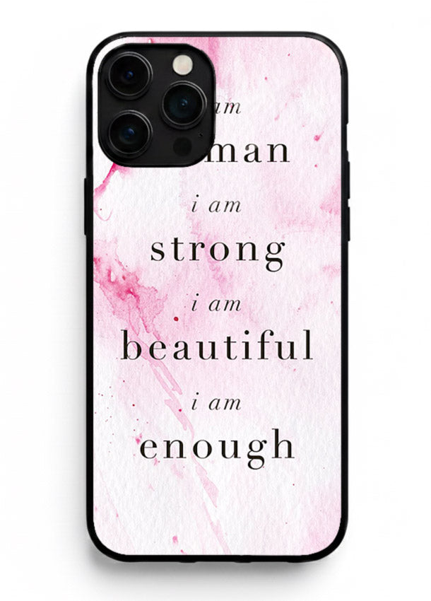 Pink marble affirmation artwork printed on iphone 16 pro max glass back cover with soft tones.