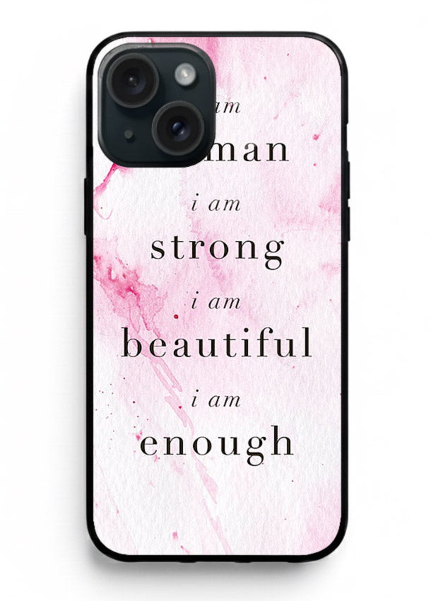 Pink marble affirmation artwork printed on iphone 14 plus glass back cover with soft tones.