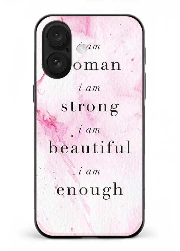 Pink marble affirmation artwork printed on iphone 17 glass back cover with soft tones.