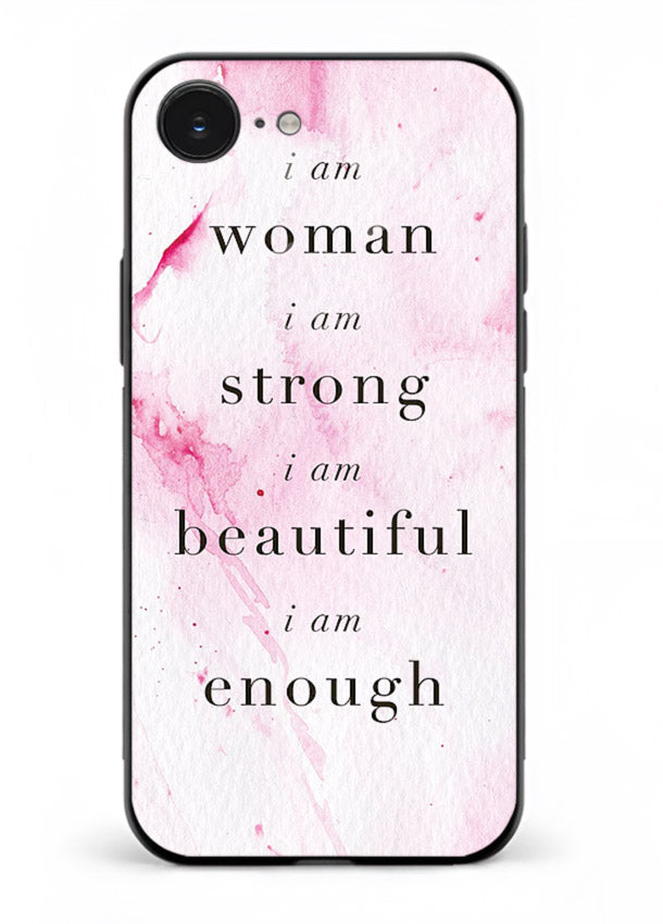 Pink marble affirmation artwork printed on iphone 16e glass back cover with soft tones.