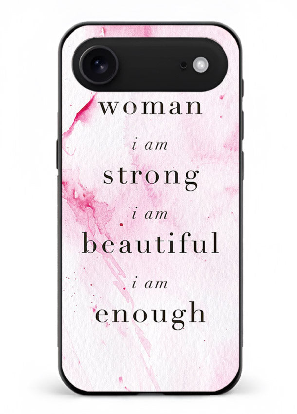 Pink marble affirmation artwork printed on iphone 17 air glass back cover with soft tones.