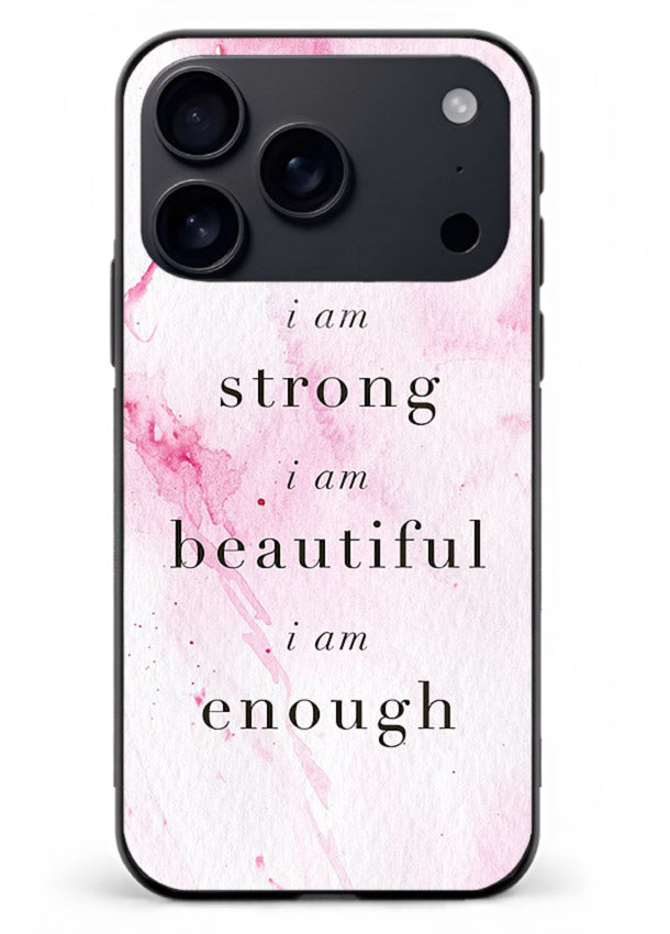 Pink marble affirmation artwork printed on iphone 18 pro max glass back cover with soft tones.
