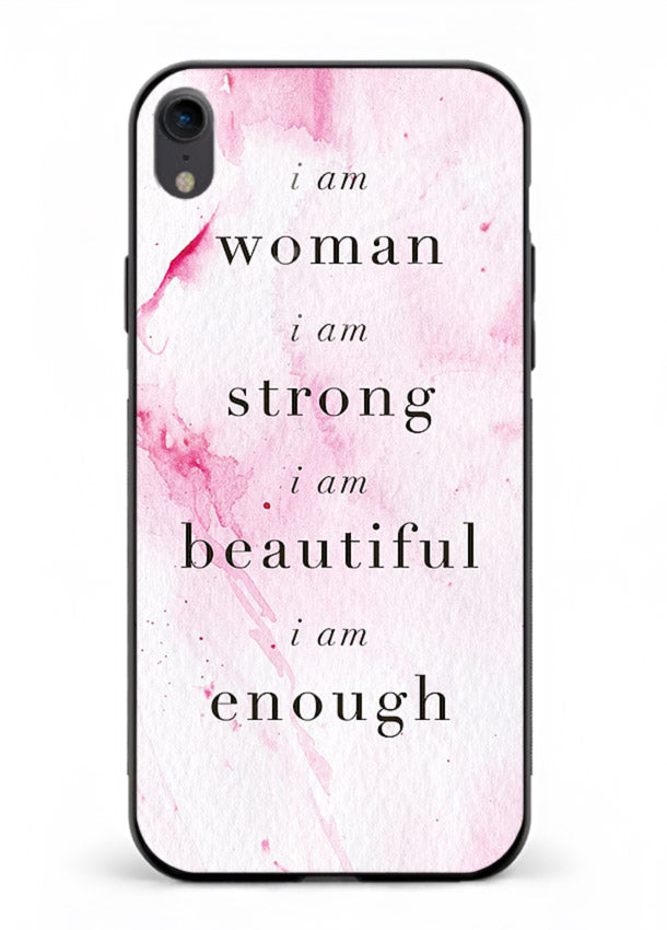 Pink marble affirmation artwork printed on iphone xr glass back cover with soft tones.