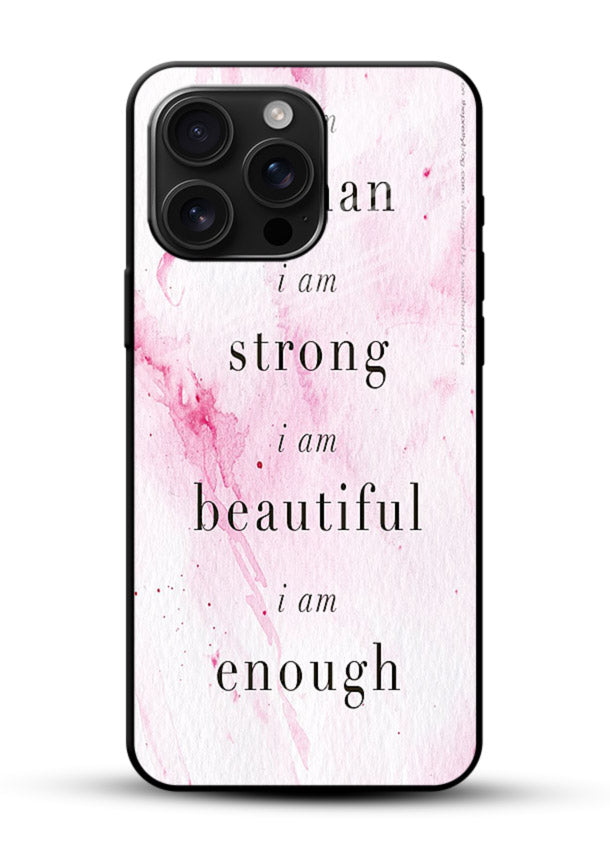 Pink marble affirmation artwork printed on glossy vibrant premium glass back cover with soft tones. - Angle Front