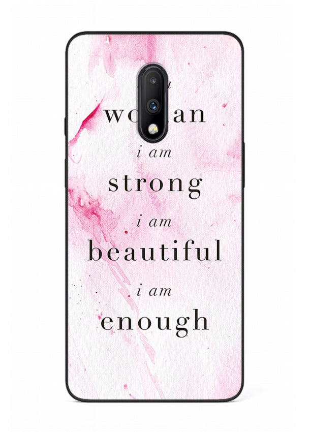 Pink marble affirmation artwork printed on OnePlus 7 glass back cover with soft tones.