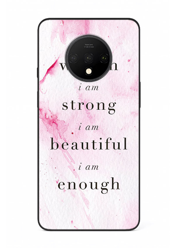 Pink marble affirmation artwork printed on OnePlus 7T glass back cover with soft tones.