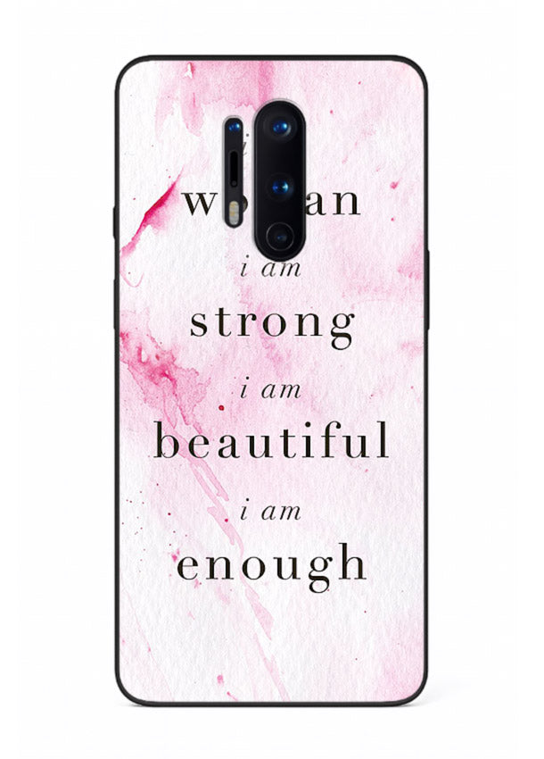 Pink marble affirmation artwork printed on OnePlus 8 Pro glass back cover with soft tones.
