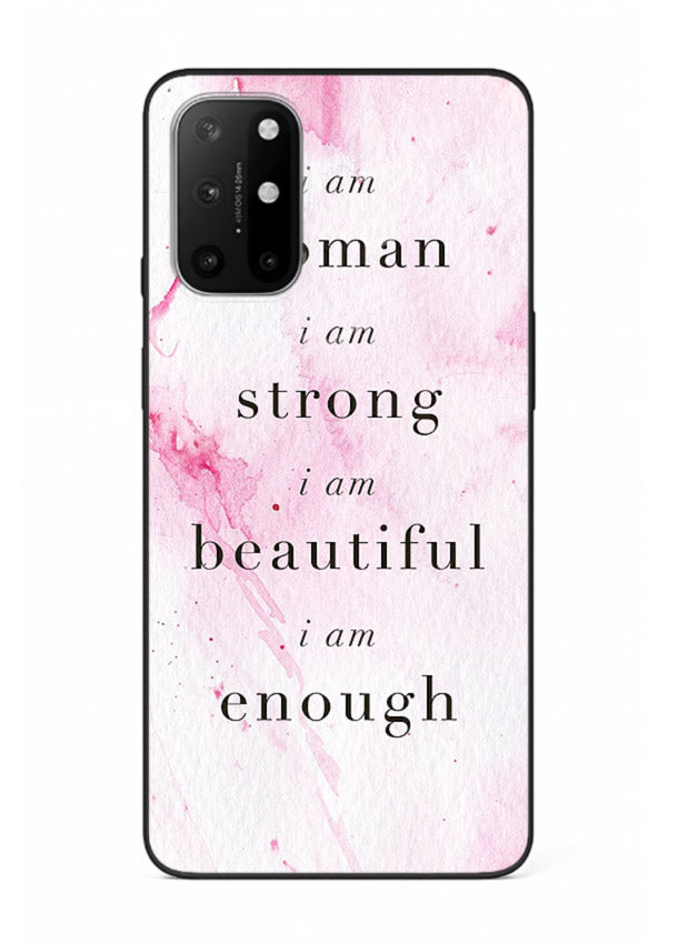 Pink marble affirmation artwork printed on OnePlus 8T glass back cover with soft tones.
