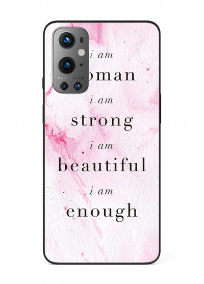 Pink marble affirmation artwork printed on OnePlus 9 glass back cover with soft tones.