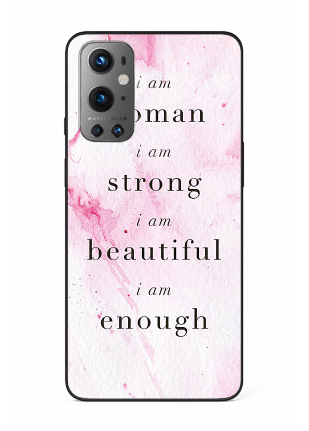 Pink marble affirmation artwork printed on OnePlus 9 glass back cover with soft tones.