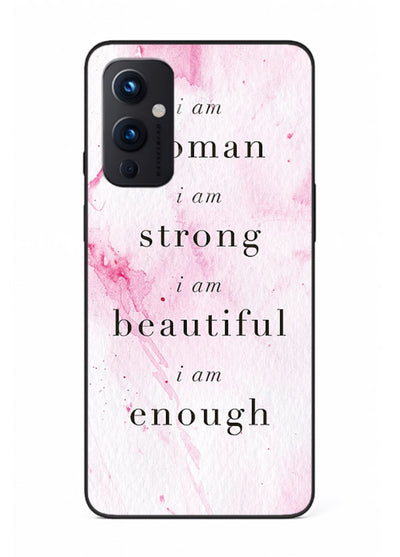 Pink marble affirmation artwork printed on OnePlus 9 Pro glass back cover with soft tones.