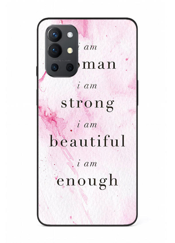 Pink marble affirmation artwork printed on OnePlus 9R glass back cover with soft tones.