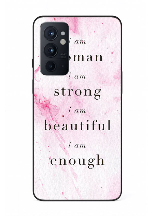 Pink marble affirmation artwork printed on OnePlus 9RT glass back cover with soft tones.