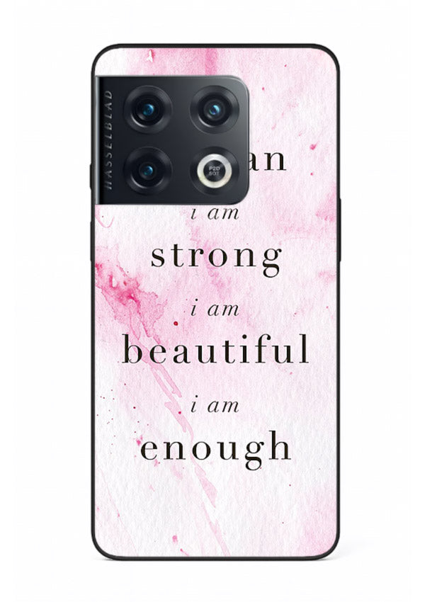 Pink marble affirmation artwork printed on OnePlus 10 Pro glass back cover with soft tones.