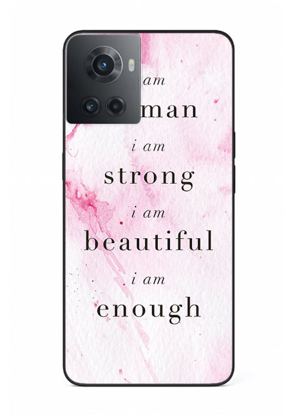 Pink marble affirmation artwork printed on OnePlus 10R glass back cover with soft tones.