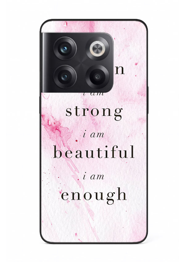 Pink marble affirmation artwork printed on OnePlus 10T glass back cover with soft tones.
