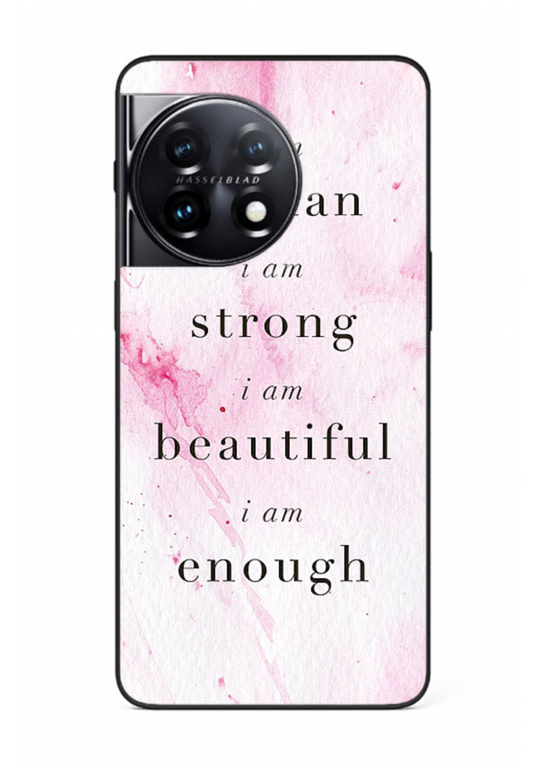 Pink marble affirmation artwork printed on OnePlus 11R glass back cover with soft tones.