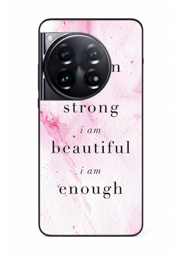 Pink marble affirmation artwork printed on OnePlus 12 glass back cover with soft tones.