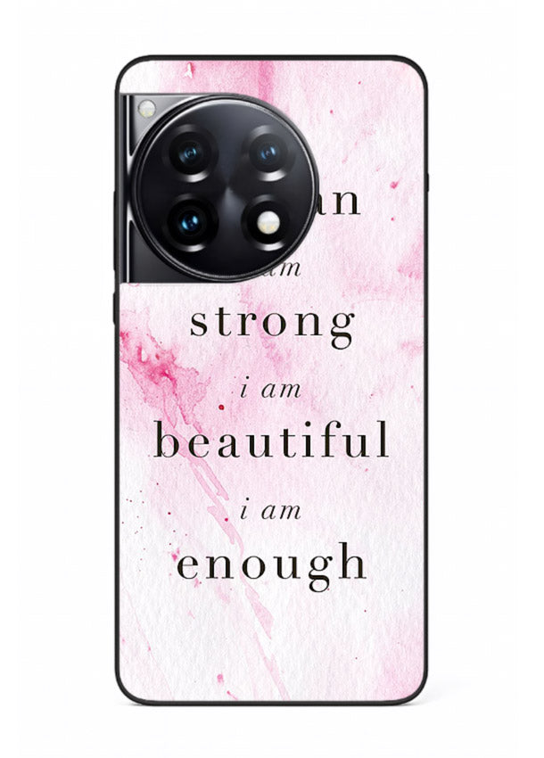 Pink marble affirmation artwork printed on OnePlus 12R glass back cover with soft tones.