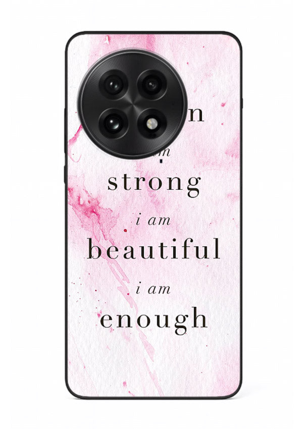 Pink marble affirmation artwork printed on OnePlus 13R glass back cover with soft tones.