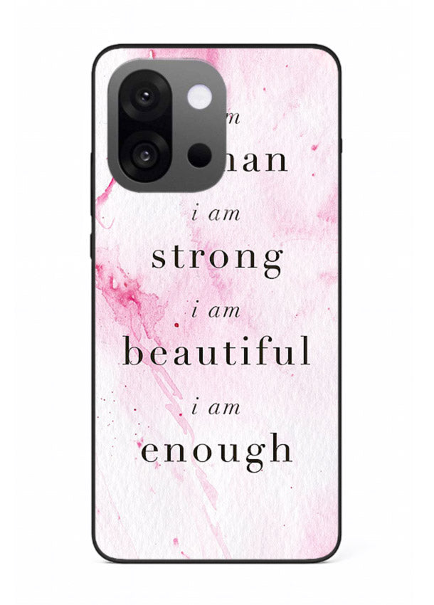 Pink marble affirmation artwork printed on OnePlus 13s glass back cover with soft tones.