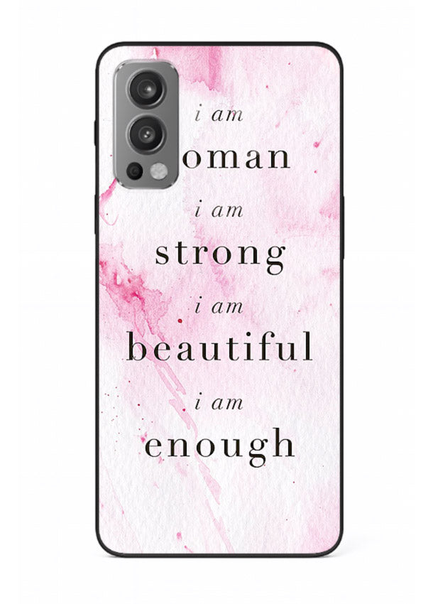 Pink marble affirmation artwork printed on OnePlus Nord 2 glass back cover with soft tones.