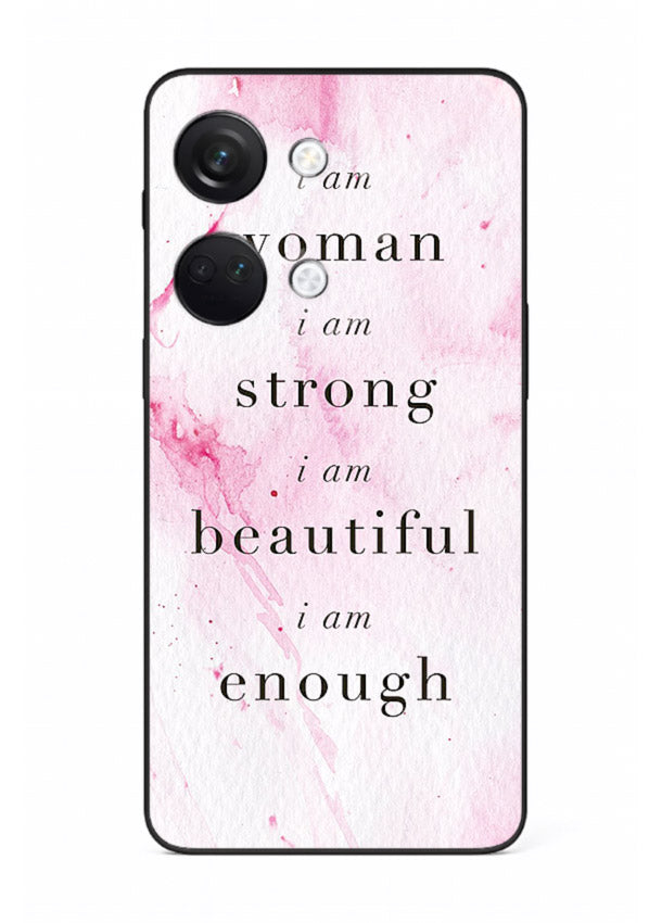 Pink marble affirmation artwork printed on OnePlus Nord 3 glass back cover with soft tones.
