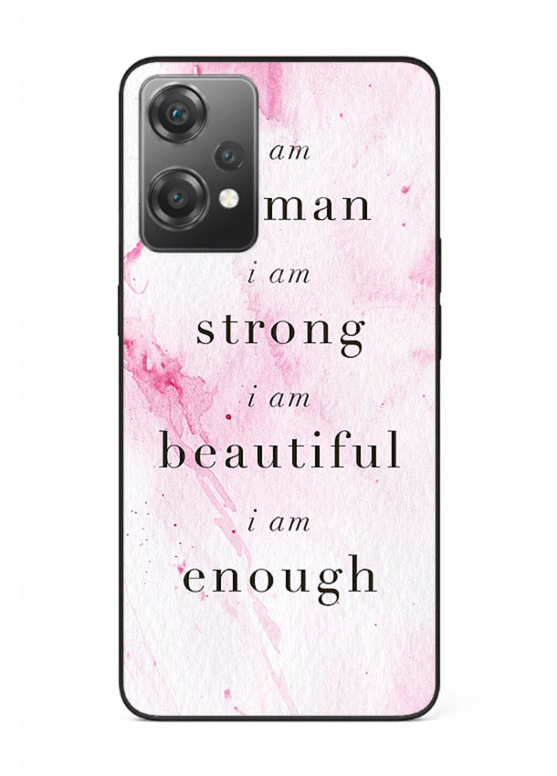 Pink marble affirmation artwork printed on OnePlus Nord CE2 Lite 5G glass back cover with soft tones.