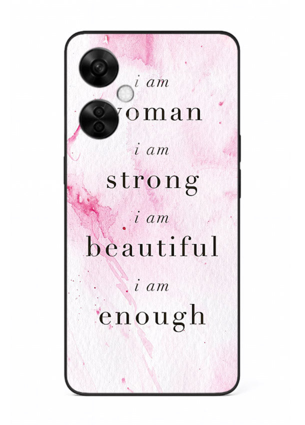 Pink marble affirmation artwork printed on OnePlus Nord CE3 Lite glass back cover with soft tones.