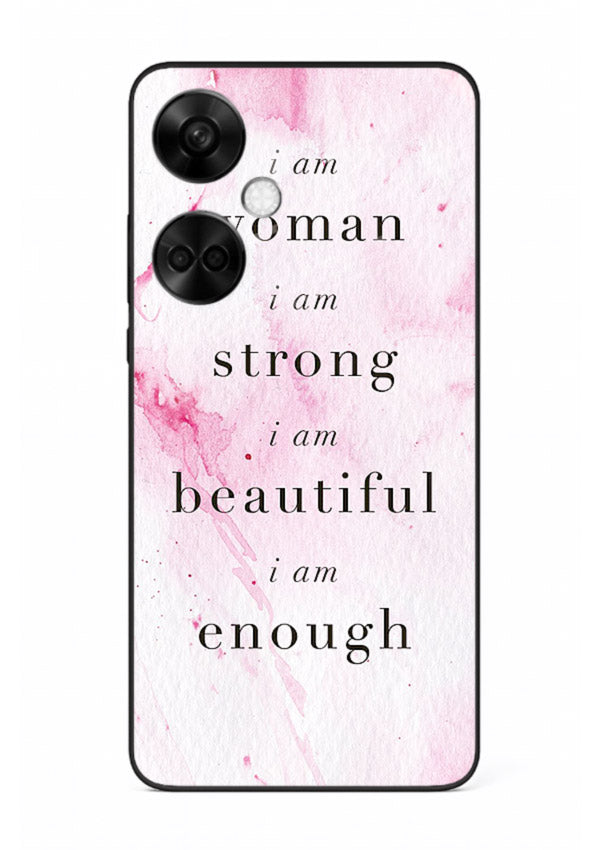 Pink marble affirmation artwork printed on OnePlus Nord CE3 glass back cover with soft tones.