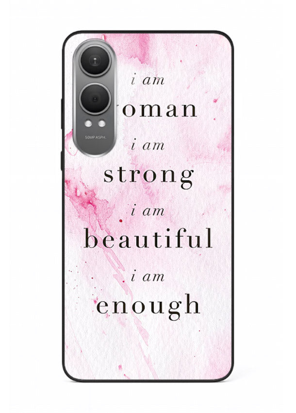 Pink marble affirmation artwork printed on OnePlus Nord CE4 Lite glass back cover with soft tones.