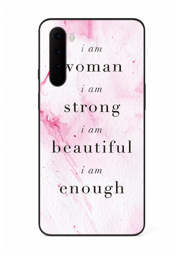 Pink marble affirmation artwork printed on OnePlus Nord glass back cover with soft tones.