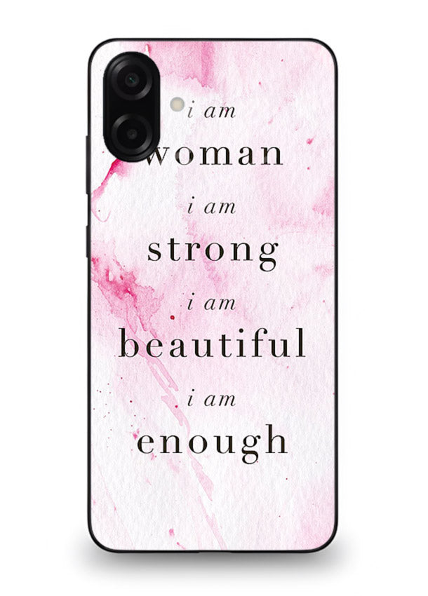 Pink marble affirmation artwork printed on Samsung A06 5G glass back cover with soft tones.