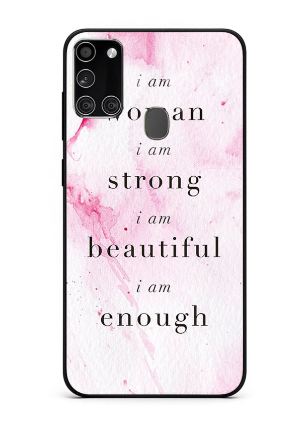 Pink marble affirmation artwork printed on Samsung A21s glass back cover with soft tones.