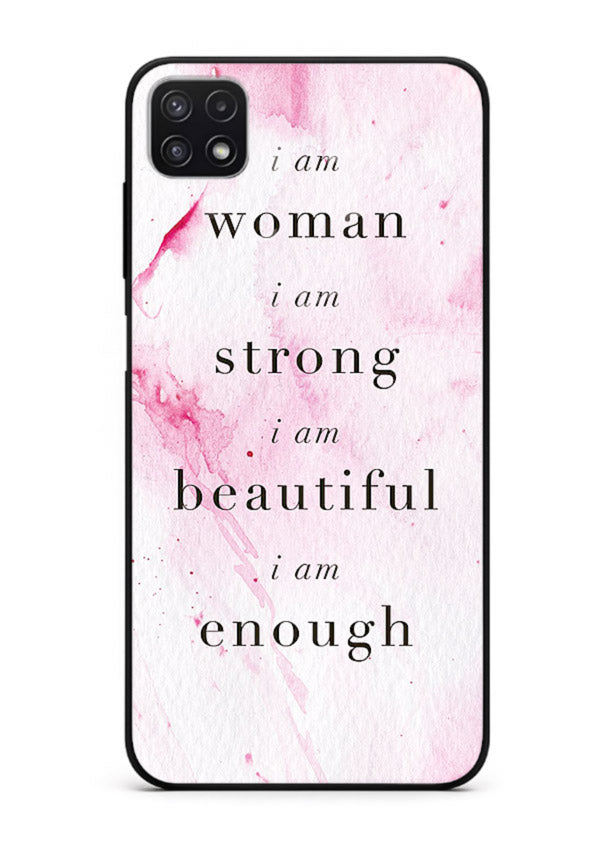 Pink marble affirmation artwork printed on Samsung A22 5G glass back cover with soft tones.