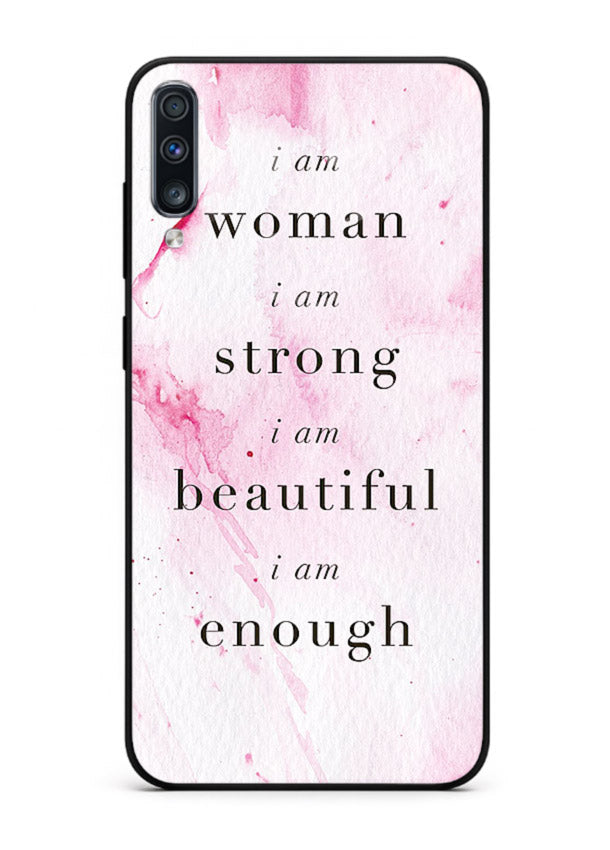 Pink marble affirmation artwork printed on Samsung A50 glass back cover with soft tones.