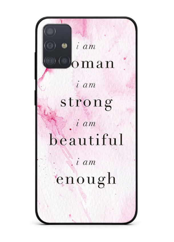 Pink marble affirmation artwork printed on Samsung A51 glass back cover with soft tones.