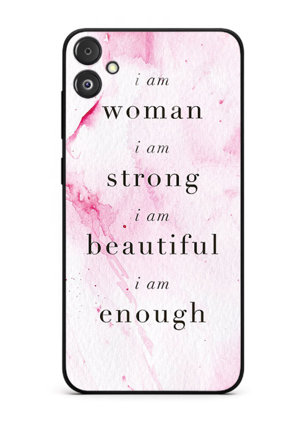 Pink marble affirmation artwork printed on Samsung F05 5G glass back cover with soft tones.