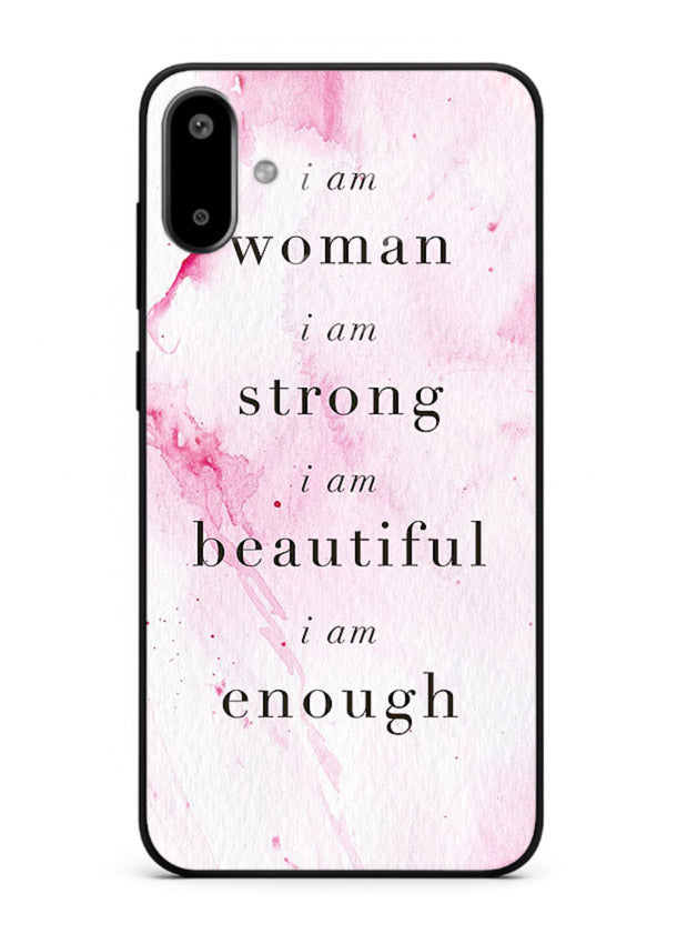 Pink marble affirmation artwork printed on Samsung F06 5G glass back cover with soft tones.