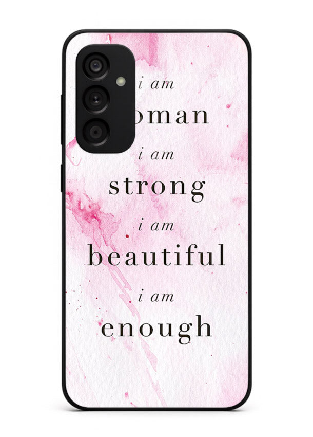 Pink marble affirmation artwork printed on Samsung F55 5G glass back cover with soft tones.