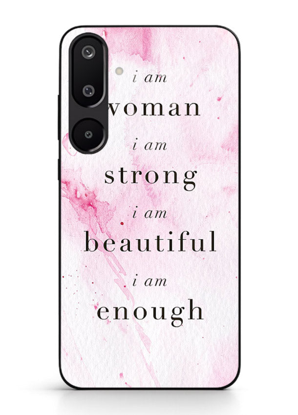 Pink marble affirmation artwork printed on Samsung M16 5G glass back cover with soft tones.