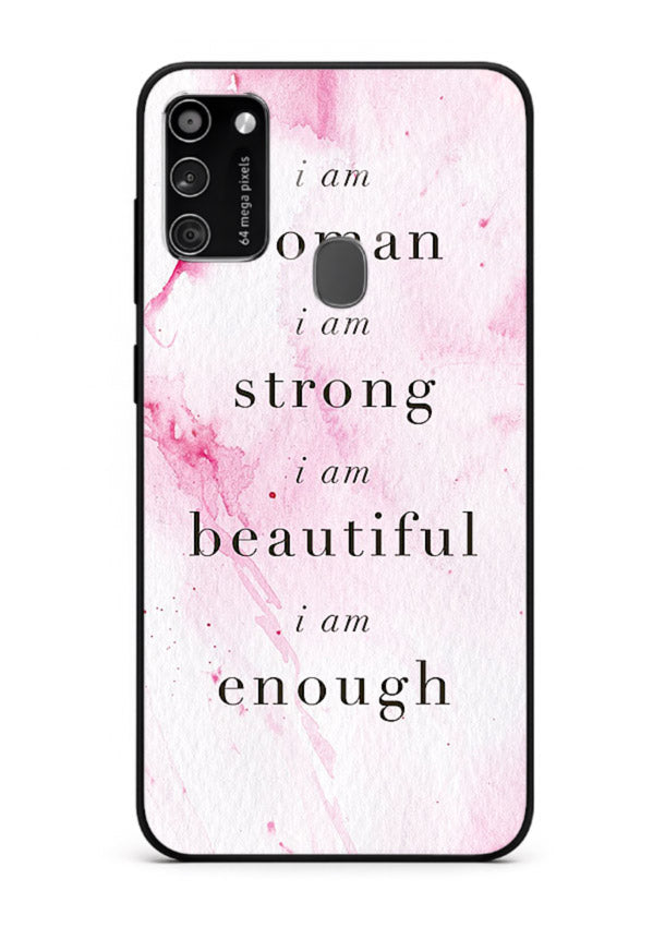 Pink marble affirmation artwork printed on Samsung M30s glass back cover with soft tones.