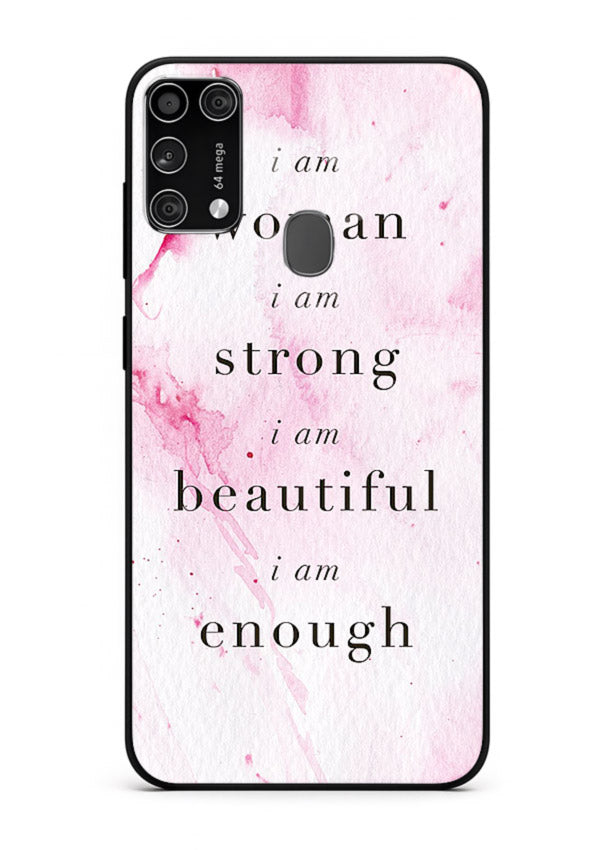 Pink marble affirmation artwork printed on Samsung M31 Prime glass back cover with soft tones.