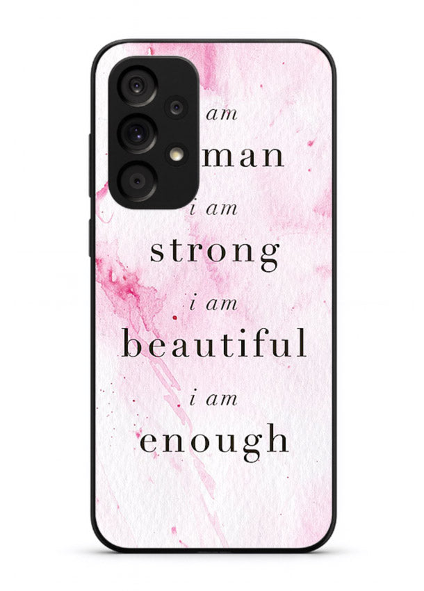 Pink marble affirmation artwork printed on Samsung A53 5G glass back cover with soft tones.