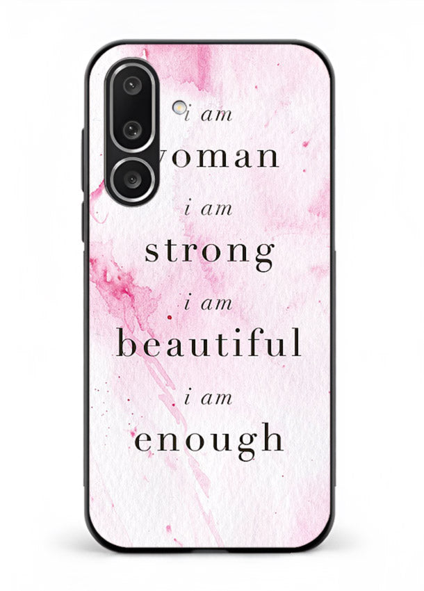 Pink marble affirmation artwork printed on Samsung M36 5G glass back cover with soft tones.