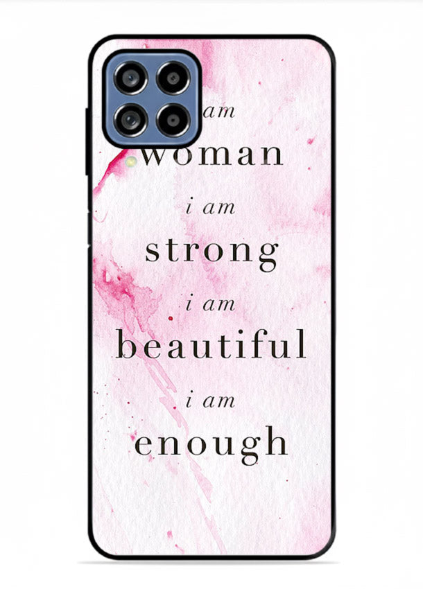 Pink marble affirmation artwork printed on Samsung F62 glass back cover with soft tones.