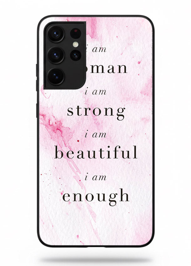 Pink marble affirmation artwork printed on Samsung S21 Ultra glass back cover with soft tones.