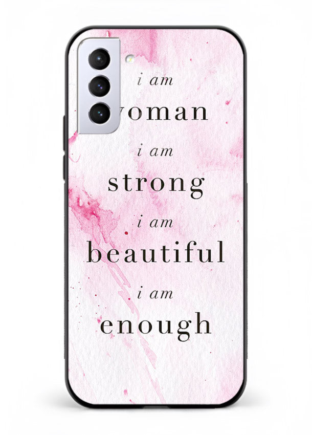 Pink marble affirmation artwork printed on Samsung S21 Plus glass back cover with soft tones.