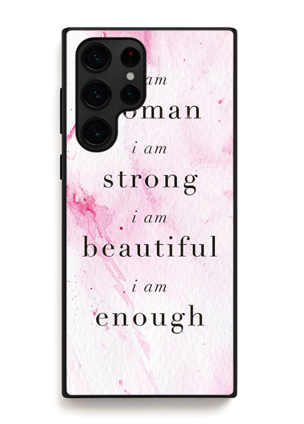 Pink marble affirmation artwork printed on Samsung S23 Ultra glass back cover with soft tones.